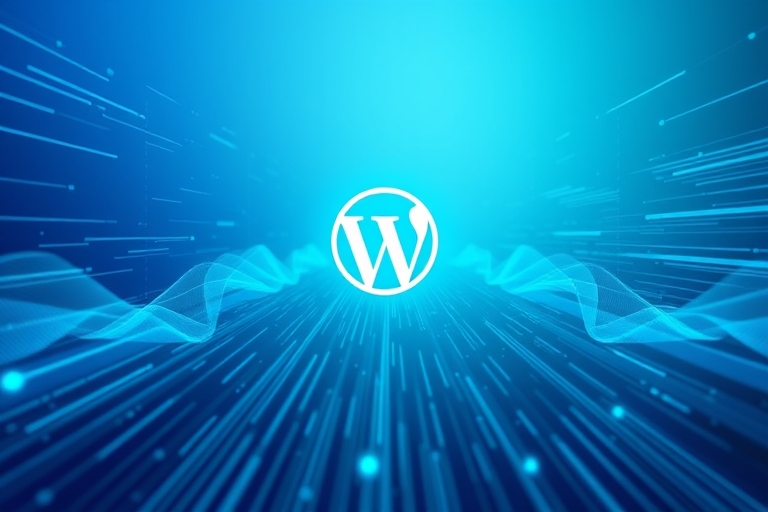 "A blue and teal gradient background with abstract data waves and bars in motion, converging towards a stylized website icon at the center, surrounded by subtle digital circuitry and glowing blue acce