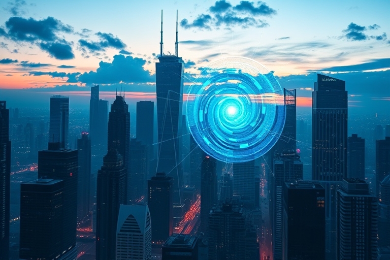 "An abstract, futuristic cityscape at dusk with neon blue and teal skyscrapers, a swirling vortex of data streams emerging from the buildings, and binary code patterns woven into the clouds."