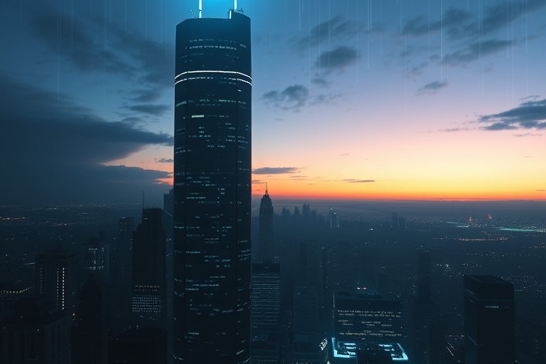 "A darkened cityscape at dusk, with a faint glow of code and circuitry emanating from a central skyscraper, surrounded by a halo of eerie blue and teal lights, with abstract data streams and glitch ar