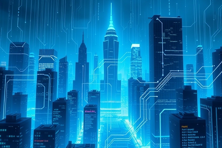 "A futuristic cityscape with skyscrapers and data streams, illuminated by a blue and teal neon glow, with abstract waveform patterns and circuitry lines weaving through the architecture, conveying the