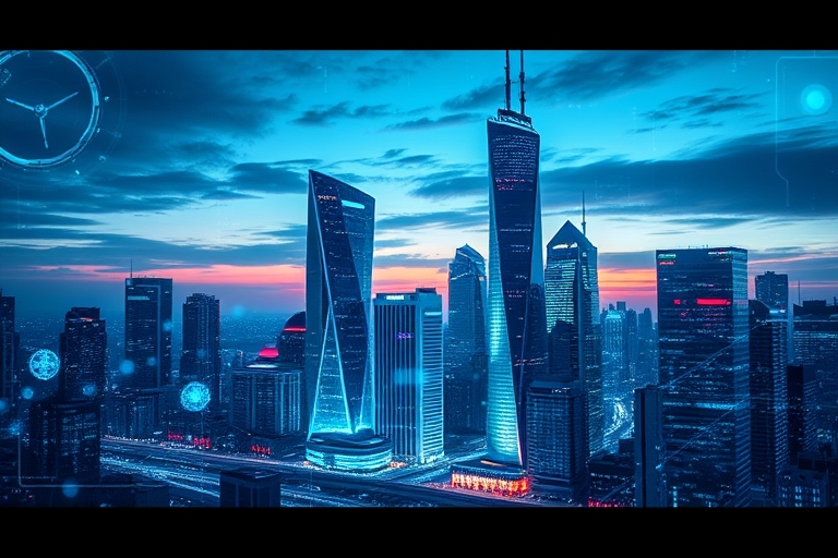 "A futuristic cityscape at dusk, with sleek skyscrapers reflecting a vibrant blue and teal glow, surrounded by swirling abstract data streams and circuits, hinting at the blurred lines between technol