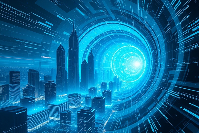 "A futuristic cityscape with skyscrapers and digital data streams emanating from them, merging into a swirling vortex of blue and teal hues, with abstract data visualizations and circuit board pattern