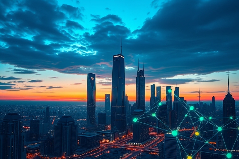 "A futuristic cityscape at sunset with skyscrapers and data lines connecting them, transitioning from blue to teal hues, with glowing circuits and abstract nodes representing AI-driven link building s