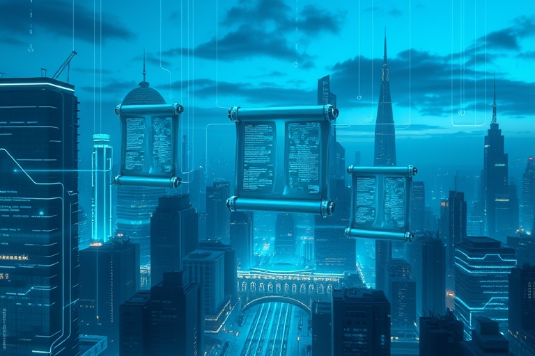 "A futuristic cityscape at dusk with neon blue and teal hues, AI-generated scrolls and circuit boards floating in mid-air, surrounded by abstract data streams and pulsing lines, with a subtle gradient