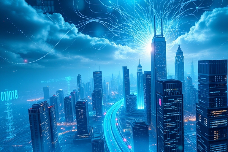 "A futuristic cityscape of interconnected data nodes and circuits, with vibrant blue and teal hues, swirling clouds of binary code, and abstract data visualizations bursting out of sleek, metallic sky