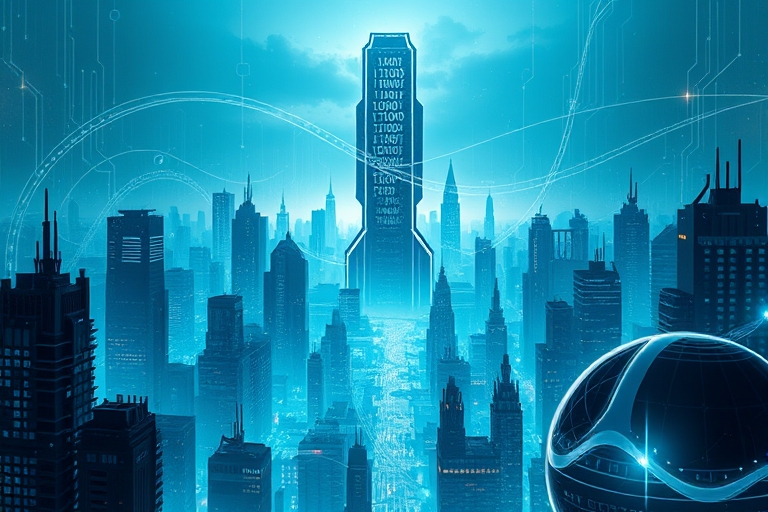 "A futuristic cityscape with a giant digital binary code tower looming in the background, surrounded by swirling blue and teal data streams and abstract circuitry shapes, with a subtle gradient of war