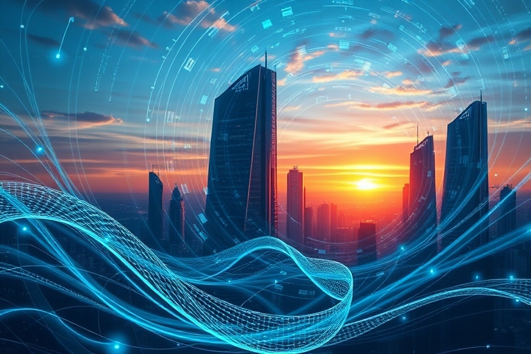 "A futuristic cityscape at sunset with towering skyscrapers made of interconnected gears, surrounded by swirling blue and teal energy waves, with data streams and circuits forming a dynamic vortex in 