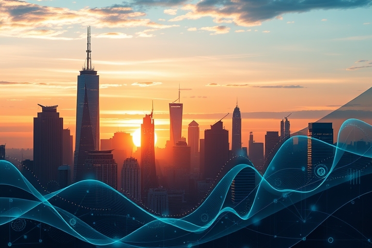 "An abstract cityscape at sunset with search engine results rising like skyscrapers, surrounded by abstract blue and teal data visualization waves, with a few glowing circuit boards and gears integrat