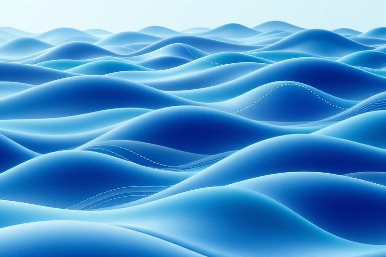 "An abstract representation of a landscape with rolling hills of blue and teal waves, symbolizing shifting search engine rankings. Data visualization lines and curves intersect, forming a 3D graph in 