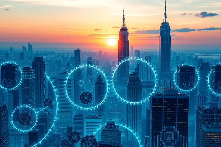 "An abstract cityscape at sunset with skyscrapers and buildings made of interconnected gears and circuit boards, surrounded by a halo of soft blue light with neon teal accents, representing the delica