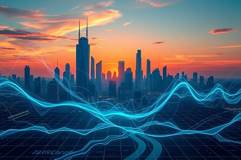 "A futuristic cityscape at sunset with digital skyscrapers and search engine data streams flowing like rivers, represented by swirling blue and teal lines and shapes, amidst a subtle grid of abstract 