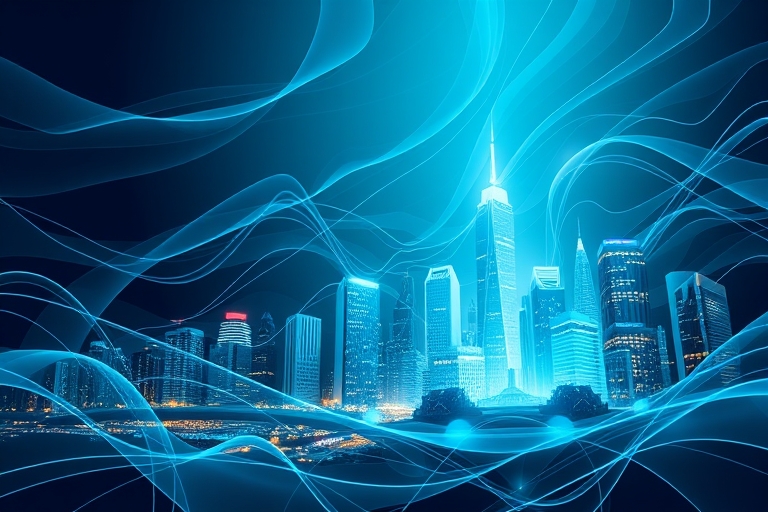 "An abstract cityscape of search engine data, represented by swirling blue and teal lines and shapes, with ascending graphs and charts illuminating a brighter, more vibrant downtown area, symbolizing 