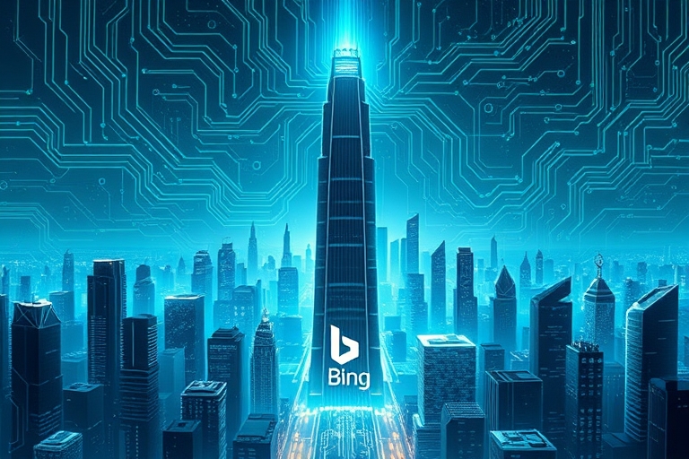 "A futuristic cityscape with a rising digital skyscraper in the center, surrounded by swirling blue and teal data streams and circuit board patterns, with Bing's iconic logo subtly integrated into the