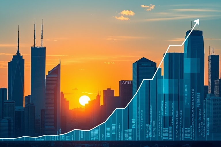 "An abstract cityscape at sunset, with blue and teal skyscrapers and data streams forming a funnel graph in the foreground, merging with a rising line chart, symbolizing growth and conversion."