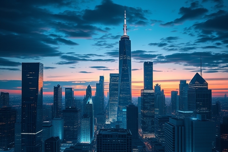"A stylized cityscape at dusk with skyscrapers and search engine results pages (SERPs) represented as towering buildings, with a blue and teal glow emanating from the city, surrounded by abstract data