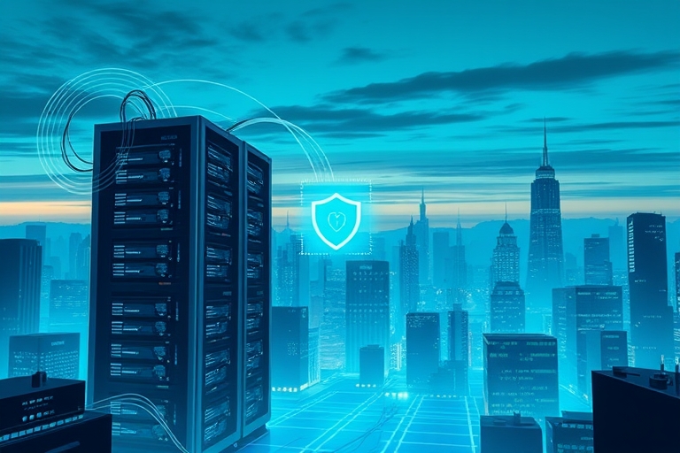 "Blue and teal digital cityscape at dusk, with a towering server rack in the foreground, surrounded by swirling lines of code and abstract data visualizations, a shield icon emerging from the heart of