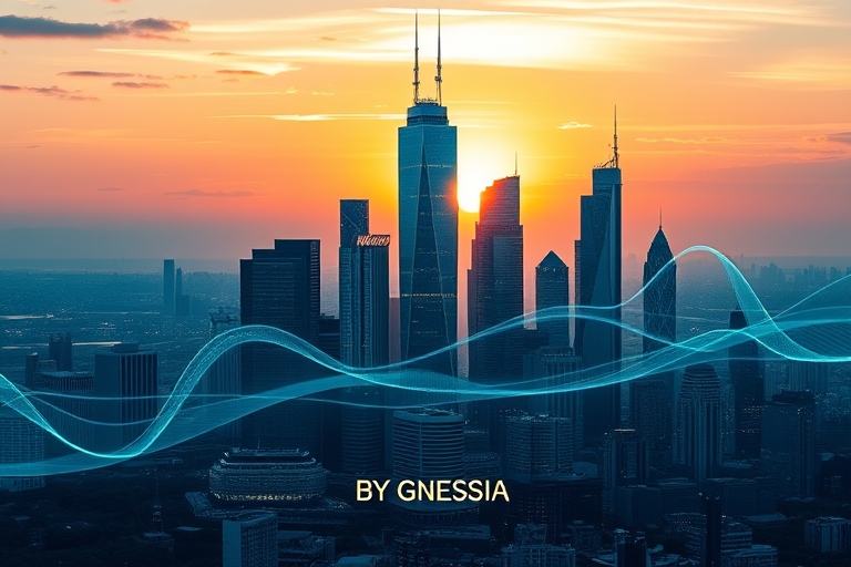"An abstract cityscape at sunrise with skyscrapers and buildings forming a pyramid shape, surrounded by swirling blue and teal lines and shapes, symbolizing growth and data-driven success, with subtle