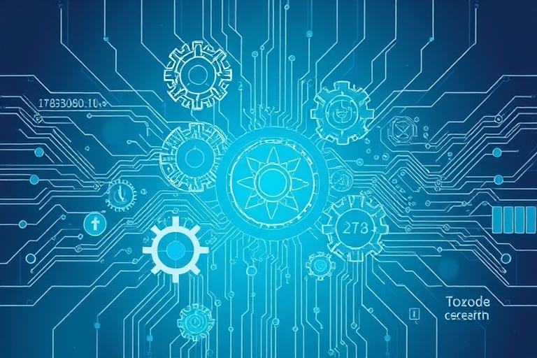 "A puzzle of interconnected gears and circuit boards with overlapping nodes, set against a gradient of soothing blue and teal hues, with abstract data streams and lines radiating from the center, symb