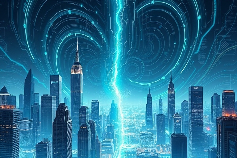 "A futuristic cityscape with towering skyscrapers, with a giant code crack in the center, surrounded by swirling blue and teal data streams and abstract circuitry, with gears and lightbulbs forming a 