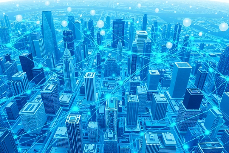 "A sprawling cityscape of interconnected nodes and circuits, swirling with vibrant blue and teal lines, representing website crawl paths, amidst a transparent background of code snippets and binary co