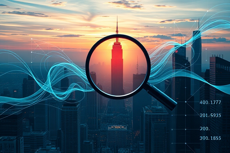 "A futuristic cityscape at sunset with a giant magnifying glass hovering over a skyscraper, surrounded by swirling blue and teal data streams and abstract lines, with a subtle grid of numbers and arro