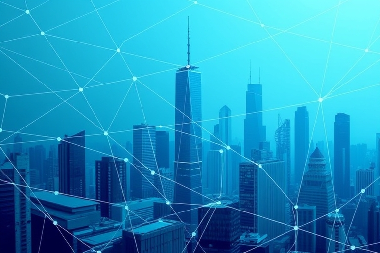 "A stylized representation of a web with overlapping threads, slowly unraveling to reveal a clean, minimalist cityscape with blue and teal skyscrapers, data streams and abstract connections forming a 