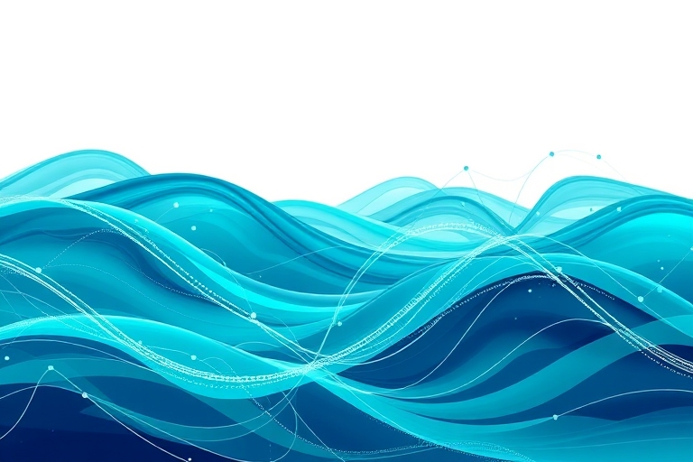 "Abstract digital landscape with swirling teal and blue waves representing latent semantic indexing, intersecting with stylized data lines and nodes forming a content cluster network, amidst a minimal