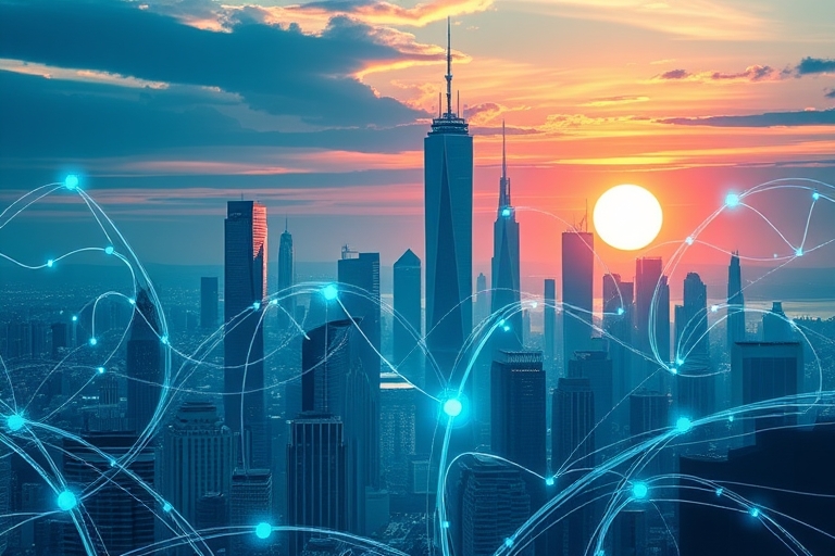 "A futuristic cityscape at sunset with skyscrapers and data streams in shades of blue and teal, surrounded by swirling digital patterns and abstract shapes, conveying growth and online presence."