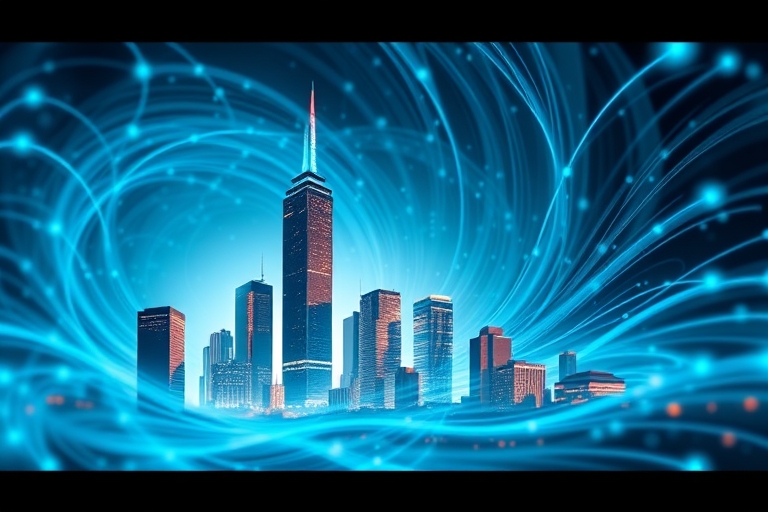"An abstract cityscape with ascending skyscrapers, symbolizing growth and optimization, surrounded by swirling vortex of blue and teal data streams, representing a winning content strategy in motion."