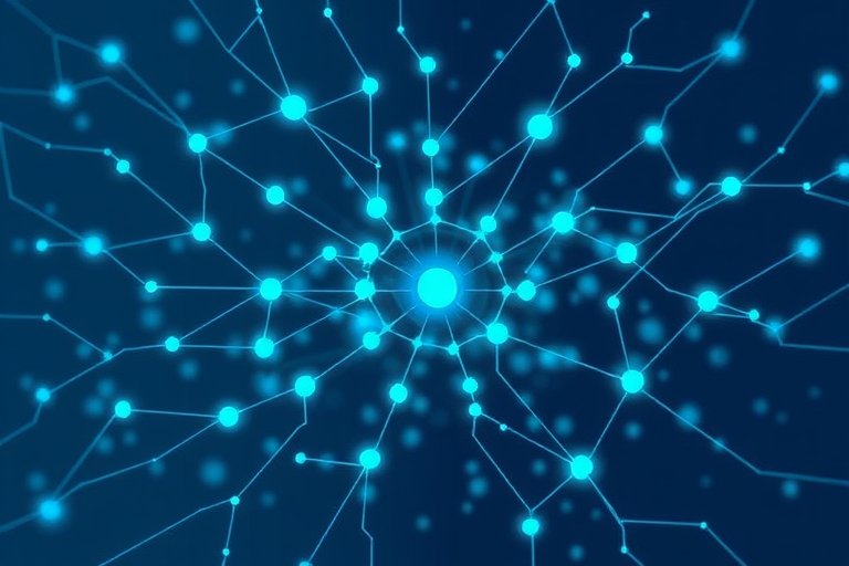 "A stylized, abstract illustration of interconnected digital nodes and circuits, with vibrant blue and teal lines and shapes, forming a web-like structure, surrounded by subtle gradient backgrounds an