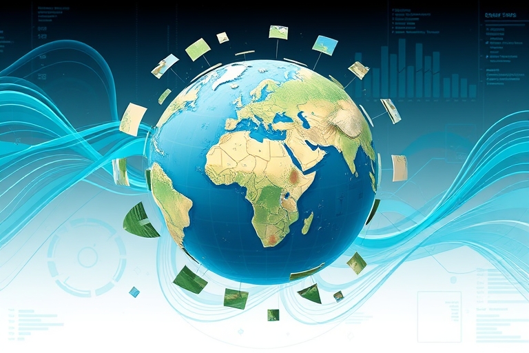 "A globe with fragmented pieces radiating from it, each piece representing a different country, surrounded by swirling blue and teal data streams, abstract charts, and subtle geographical contours."