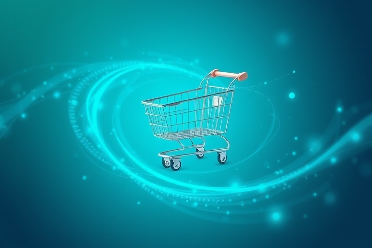 "A stylized illustration of a shopping cart floating in mid-air, surrounded by swirling teal and blue data streams, with a subtle gradient background, symbolizing the fusion of e-commerce and digital 