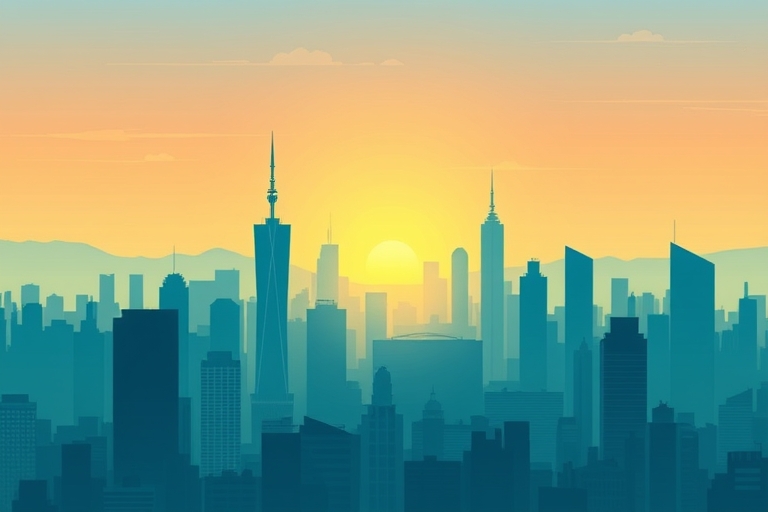 "A stylized, abstract illustration of a cityscape at sunset, with skyscrapers and buildings forming a gradient of blue and teal hues, with data visualization elements and search engine optimization (S