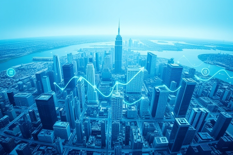 "Blue and teal cityscape map with highlighted location markers, overlaid with abstract data visualizations of rising arrows, charts, and swirling lines, set against a gradient of digital screens and i