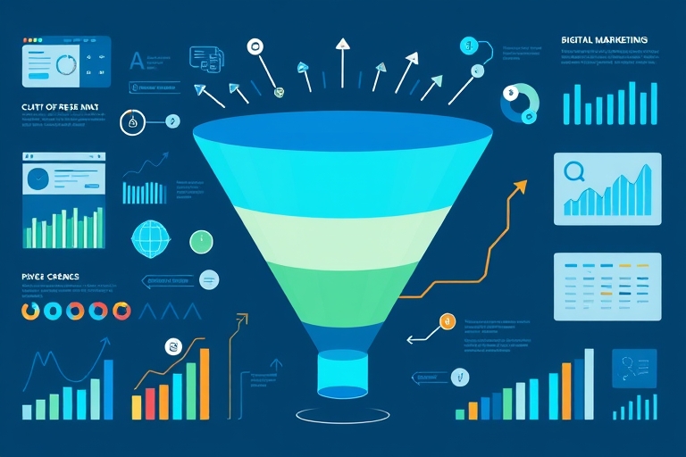 "Infographic illustration of a digital marketing funnel with a rising blue and teal gradient, surrounded by stylized data visualizations and arrows, with a subtle search engine results page (SERP) bac