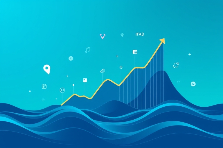 "Infographic style illustration of a rising graph line breaking through a blue and teal gradient sky, with abstract data points and analytics icons orbiting around it, surrounded by subtle waves and r