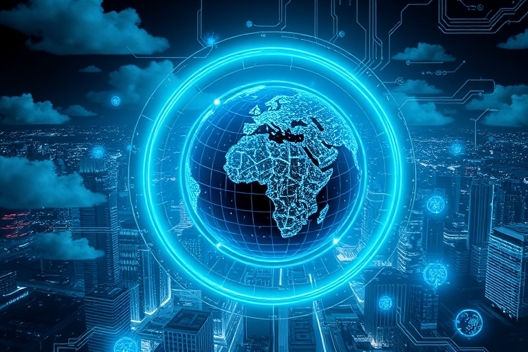 "A futuristic cityscape with a glowing blue and teal neon light trail forming a link chain around a stylized globe, surrounded by swirling data clouds and abstract circuitry patterns."
