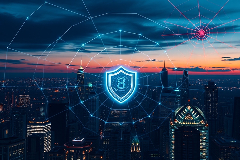 "A futuristic cityscape at dusk with a digital shield protecting a city building, surrounded by swirling blue and teal code lines, with a spider web of red alerts in the background."