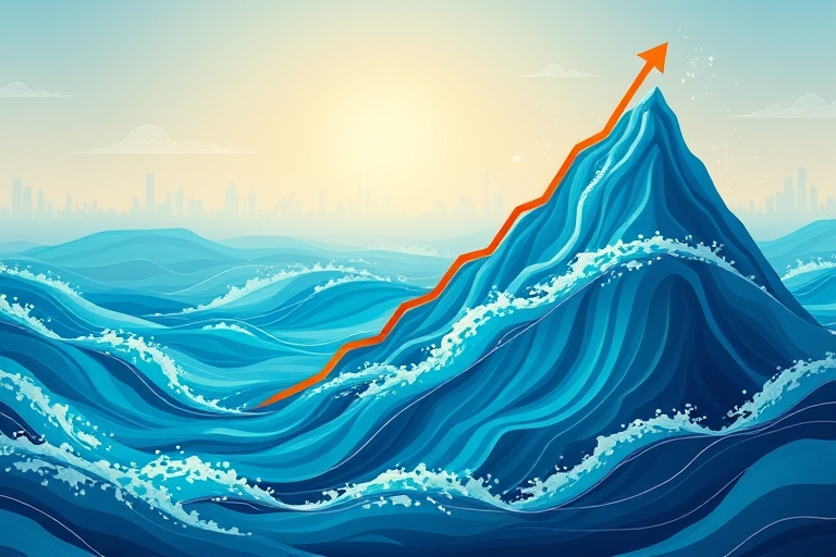 "Infographic-style image of a search engine ranking graph plummeting down a mountain, surrounded by blue and teal waves, with abstract data visualizations and a faint cityscape in the distance."