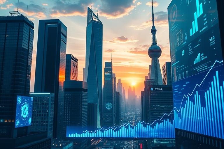 "A futuristic cityscape at sunset, with skyscrapers and digital screens displaying abstract data visualizations in blue and teal hues, with rising lines and charts illustrating upward momentum and gro