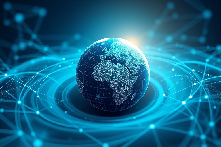 "An AI-powered search engine's digital landscape with a stylized globe at its center, surrounded by swirling blue and teal data streams, with lines and shapes forming a crescendo towards a bright, shi