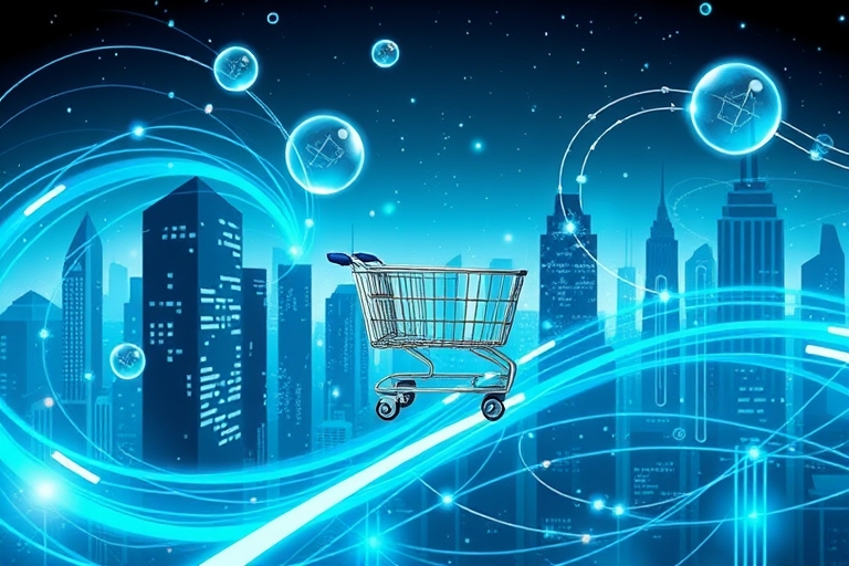 "A futuristic cityscape with a lone shopping cart floating in mid-air, surrounded by swirling blue and teal lines and shapes, representing e-commerce growth and data visualization, with abstract orbs 