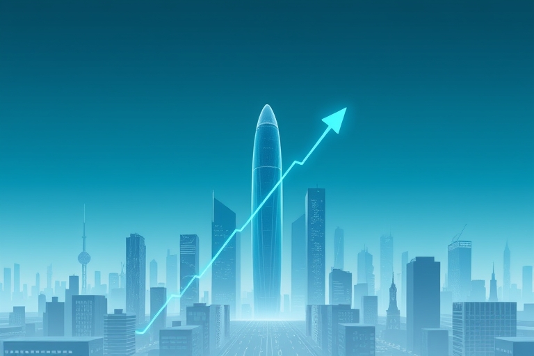 "A futuristic cityscape with ascending skyscrapers, subtle gradient of blue and teal hues, abstract data streams flowing through the streets, and a stylized 'elevated' arrow shooting upwards, symboliz