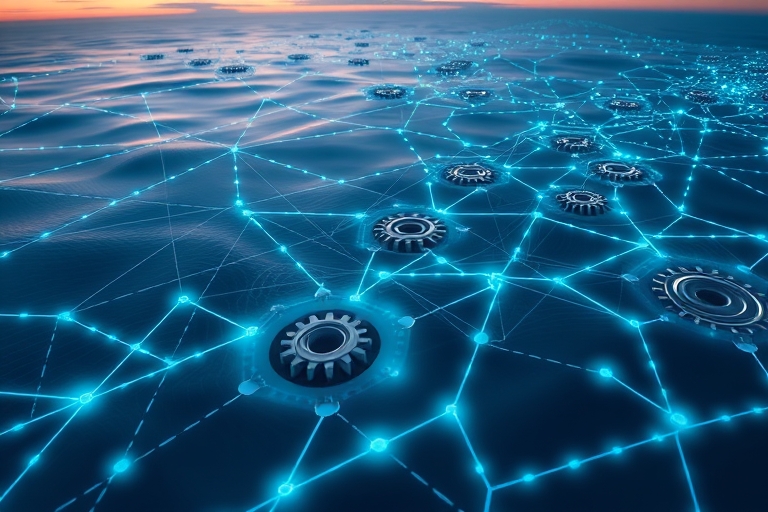 "An aerial view of interconnected gears and nodes forming a network, with glowing blue and teal lines representing links, surrounded by subtle waves and ripples, set against a gradient sky with a subt