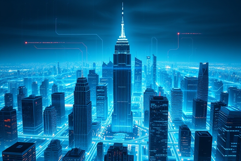 "A futuristic cityscape with skyscrapers and circuits forming a grid, illuminated by a blue and teal glow with abstract data streams flowing through the architecture, representing entity-based SEO opt