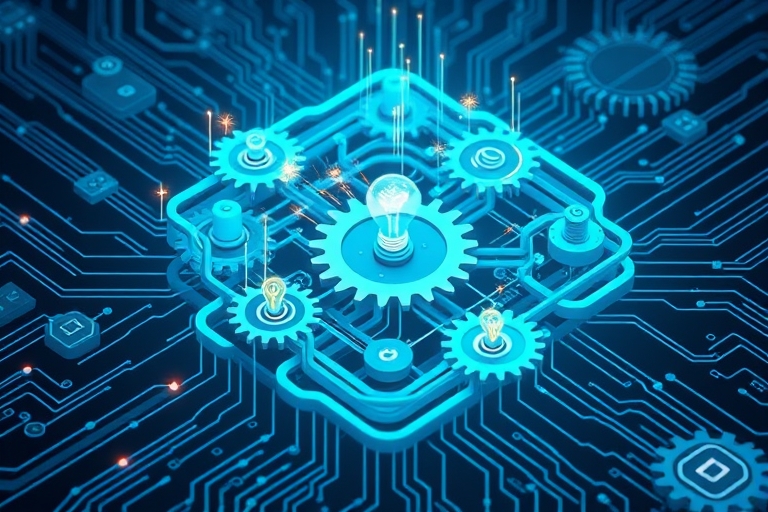 "Infographic illustration of interconnected gears, circuits, and data streams in shades of blue and teal, forming a 3D maze-like structure, with glowing lightbulbs and sparks emanating from the center