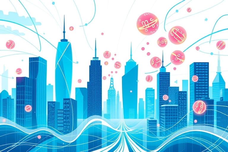 "A stylized, abstract representation of a digital cityscape with blue and teal skyscrapers, surrounded by swirling data streams, with search engine rankings displayed as vibrant, glowing orbs rising a