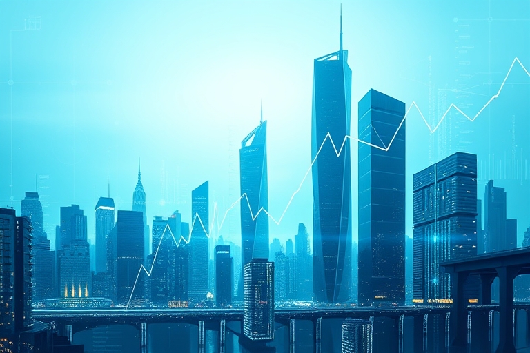 "A futuristic cityscape with sleek skyscrapers and abstract data lines emanating from them, in a soothing blue and teal color scheme, with a subtle gradient of data visualizations pulsing in the backg