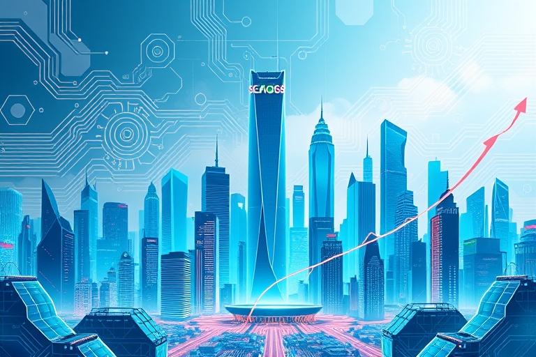 "A futuristic cityscape with ascending blue and teal skyscrapers, surrounded by swirling circuit boards and search engine bars, with ascending lines and arrows representing growth and optimization."