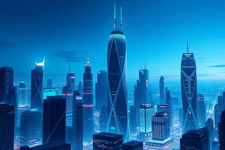 "A futuristic cityscape with sleek skyscrapers and neon lights, set against a deep blue sky with subtle teal accents, with data streams and circuit board patterns woven into the architecture, conveyin